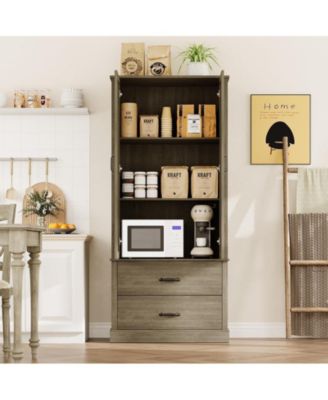 Freestanding Kitchen Pantry Cabinet with Microwave Stand, Adjustable Shelves, and Hutch Storage for Home Use