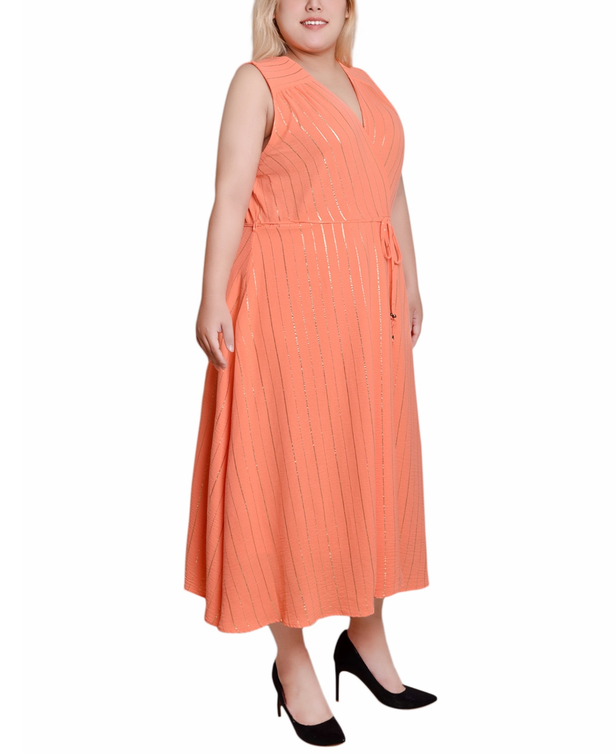 Ny Collection Plus Size Sleeveless Surplice Vertical Stripe Dress In Dark Coral Gold