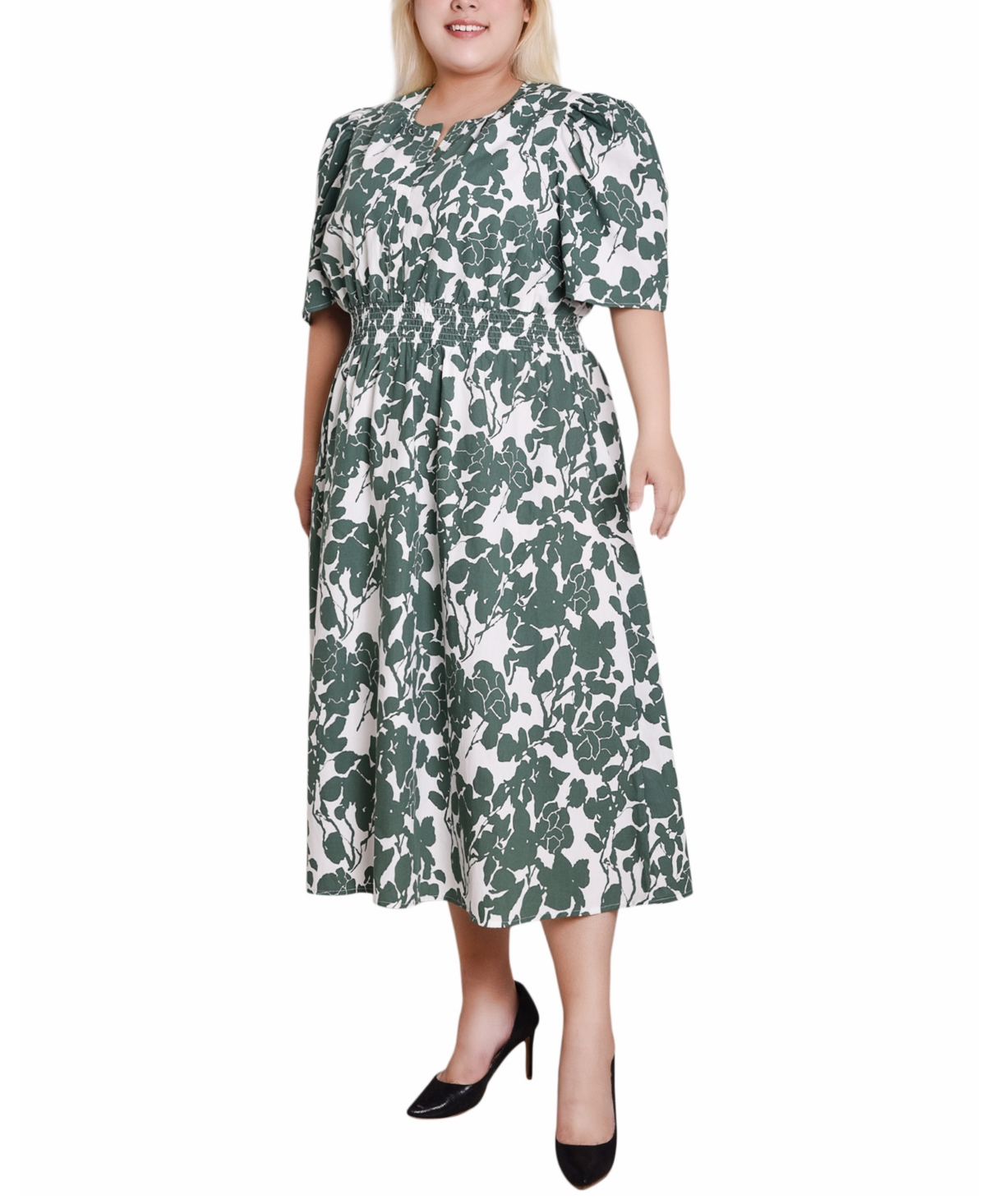 Ny Collection Plus Size Puff Sleeve Poplin Dress In Green Ivory Floral