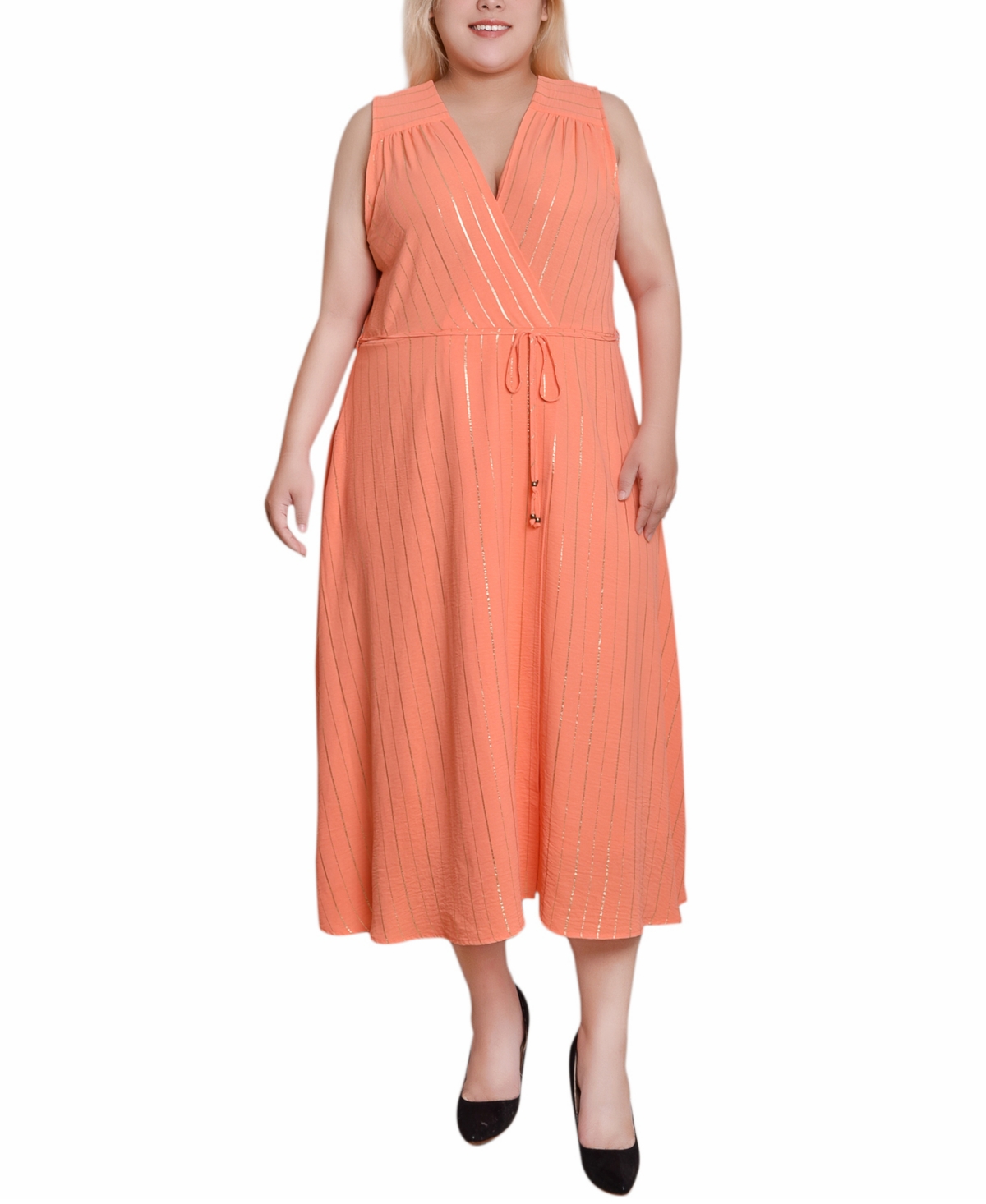 Ny Collection Plus Size Sleeveless Surplice Vertical Stripe Dress In Dark Coral Gold