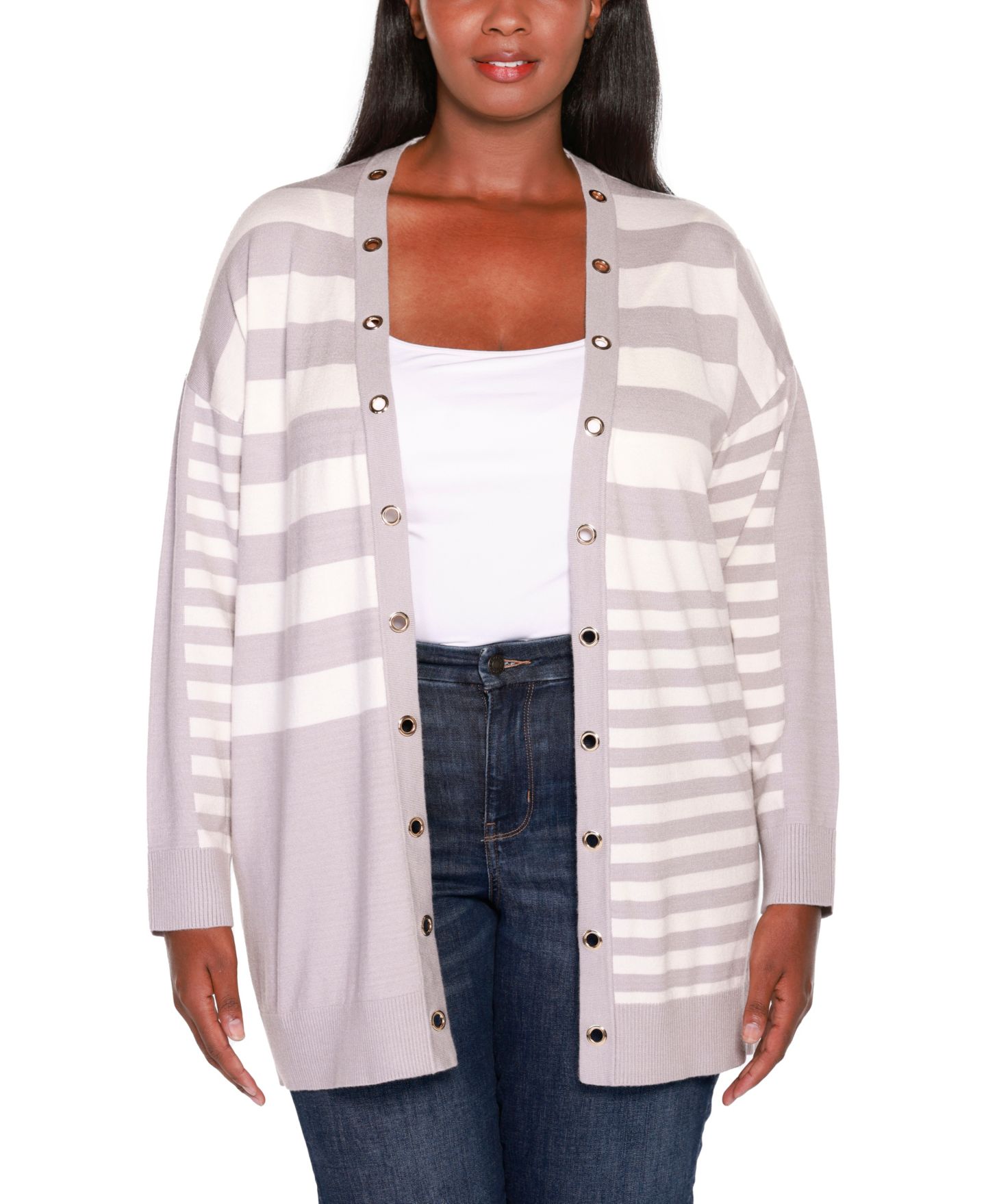 Женский кардиган Belldini Plus Size Black Label Colorblocked Open-Front Cardigan, цвет: Жемчужный серый комбинированный — фото 1