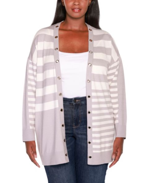 Женский кардиган Belldini Plus Size Black Label Colorblocked Open-Front Cardigan, цвет: Жемчужный серый комбинированный