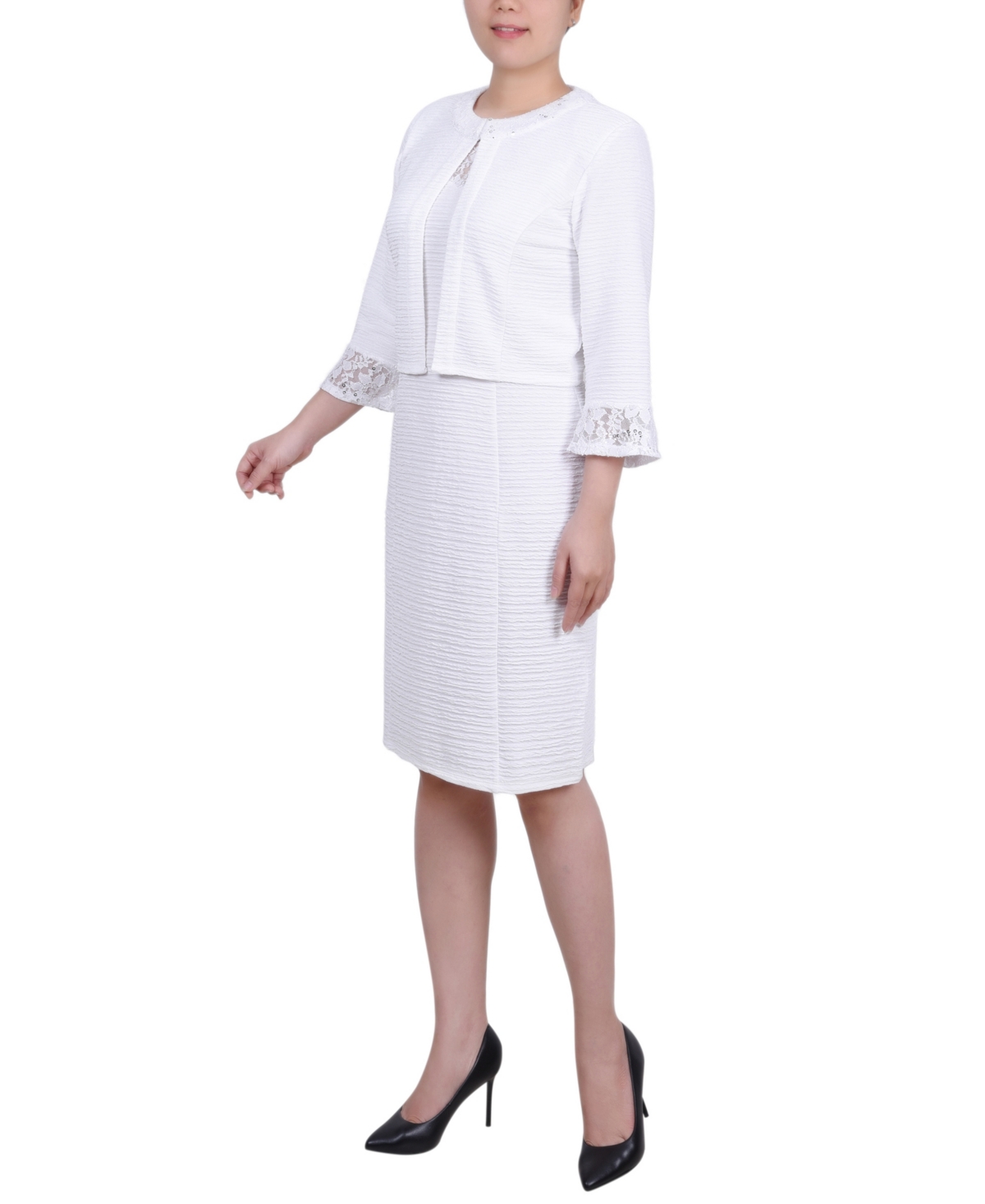 Ny Collection Petite Two Piece Jacket And Dress Set In White