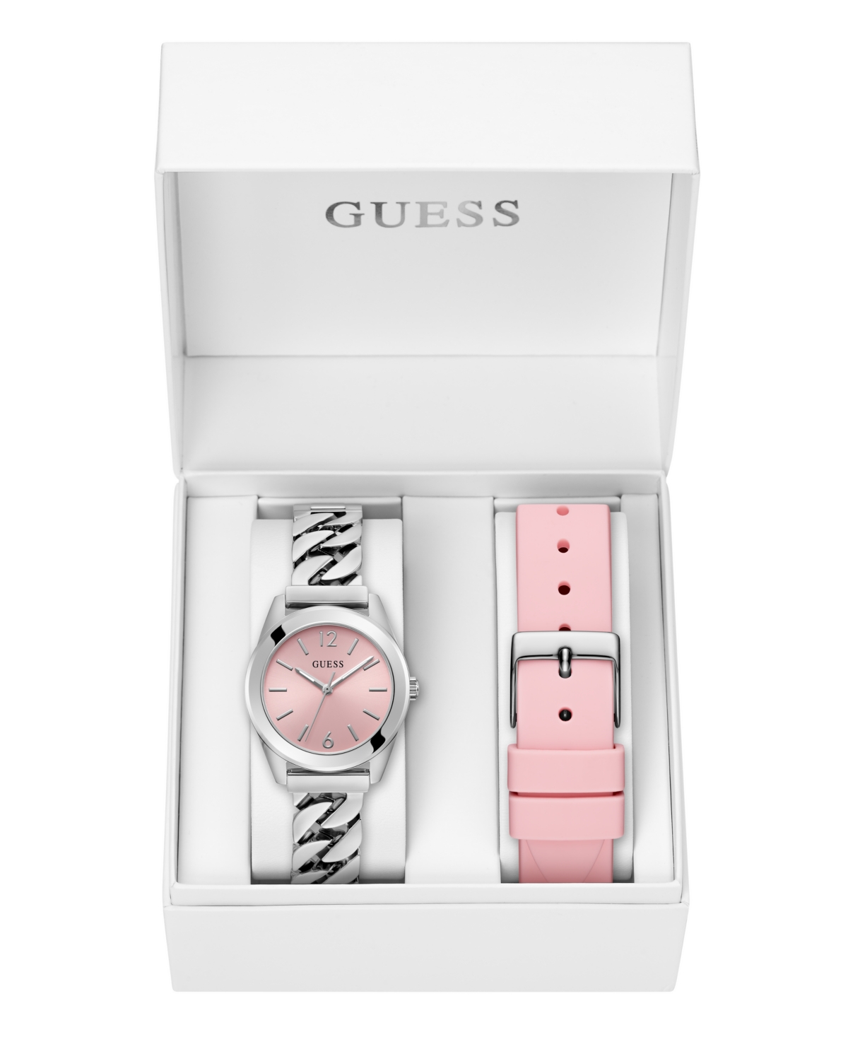 Guess Women's Analog Silver Tone Stainless Steel And Pink Silicone Interchangeable Strap Watch, 32mm In Silver Tone