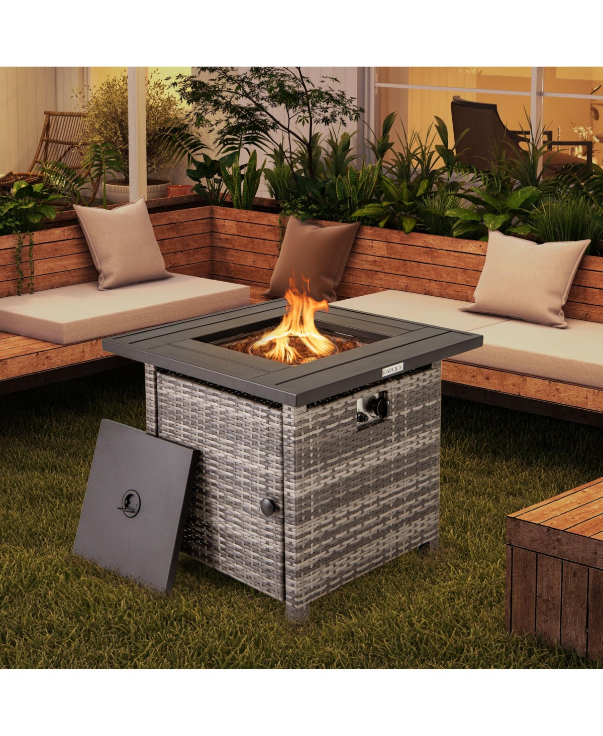 29 Inch Propane Rattan Firepit Table with Lava Rocks and Protective Cover