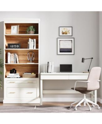 72" Wood 5-Shelf Bookcase with File Cabinet Drawer, Set of 2, Modern Free-Standing Bookshelf