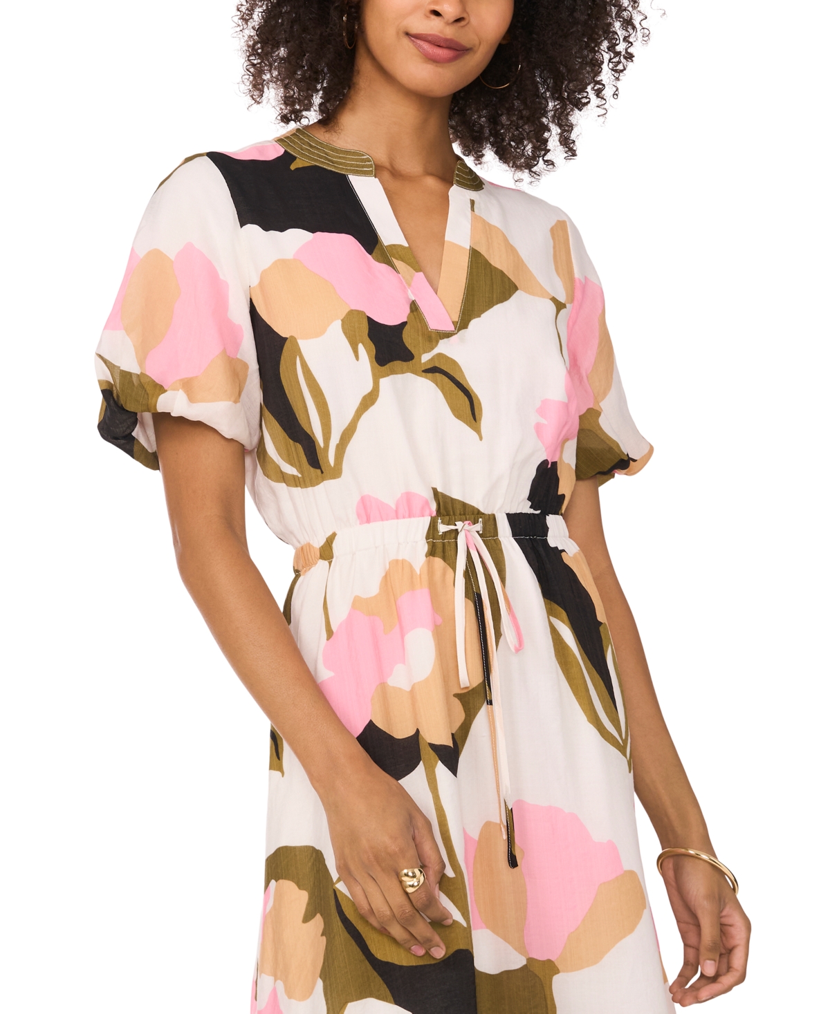 Vince Camuto Women's Printed Split-Neck Puff-Sleeve Dress