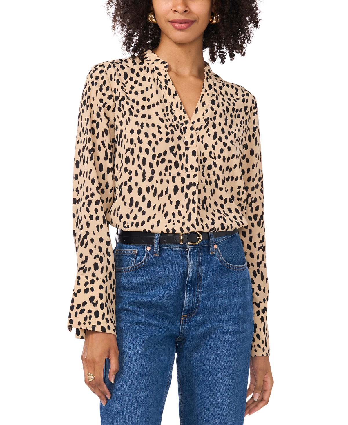 Vince Camuto Women's Animal-Print Split-Neck Bell-Sleeve Top