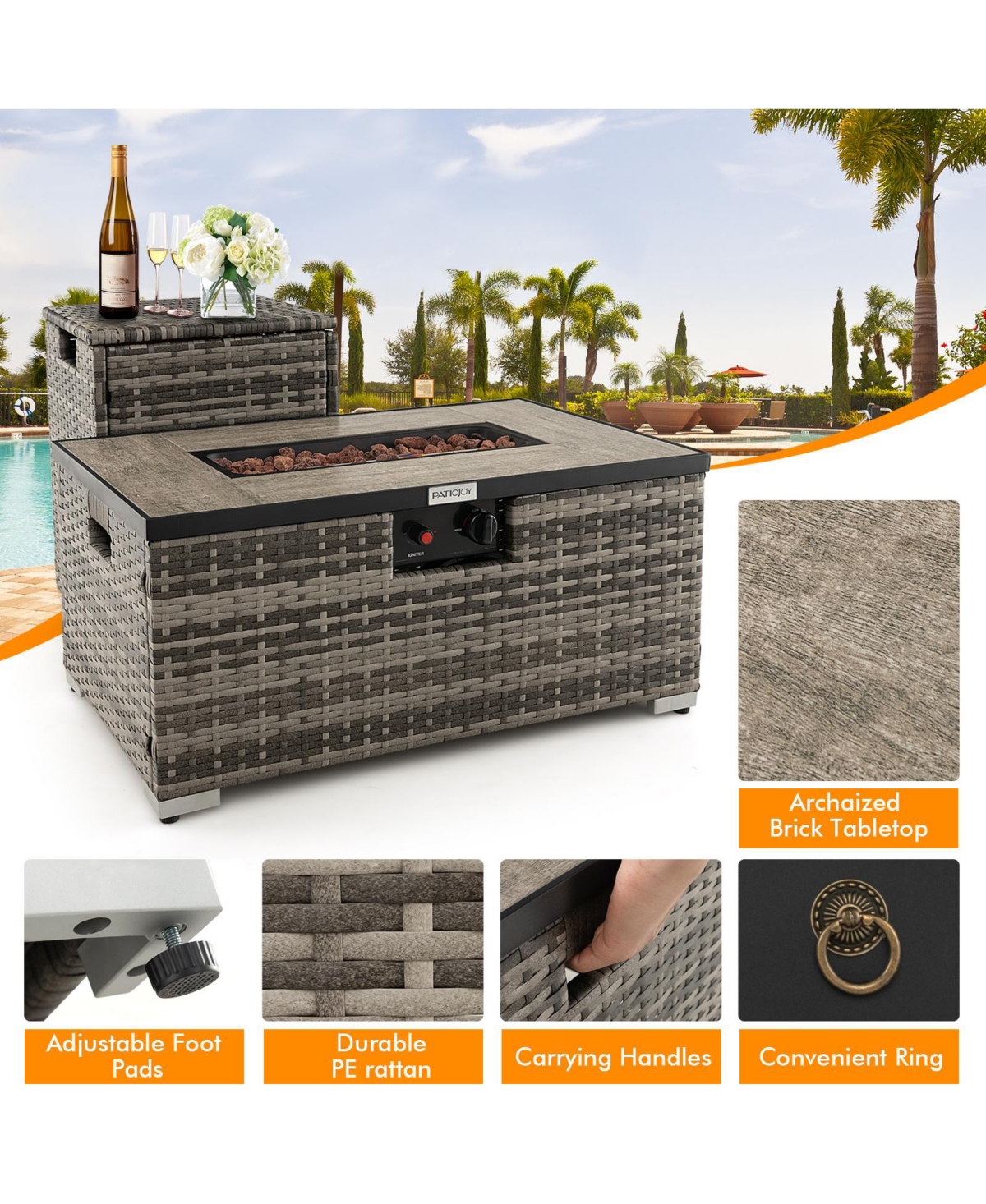 Sugift 32 x 20 Inch Propane Rattan Fire Pit Table Set with Side Table Tank and Cover