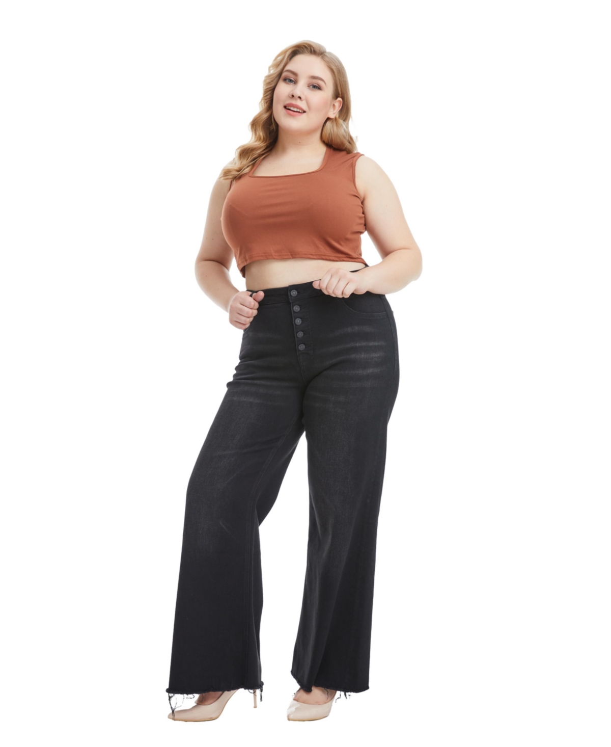 Bayeas Plus Size High Rise Wide Leg With Frayed Hem