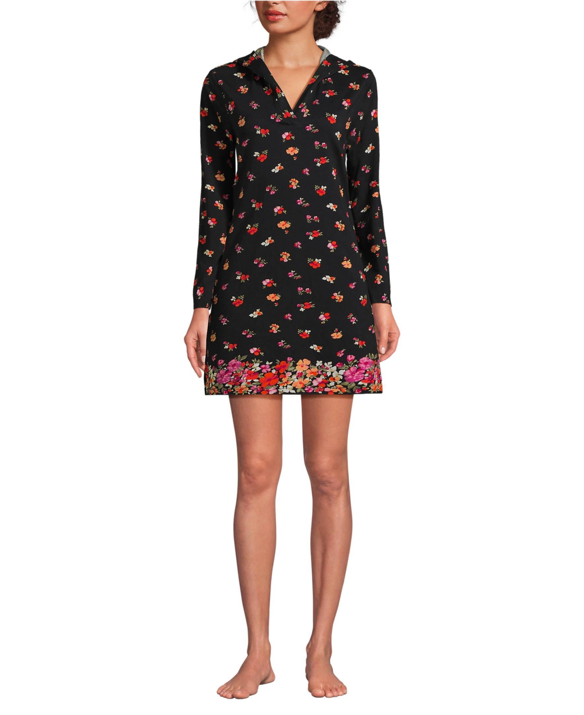 Lands' End Petite Cotton Jersey Long Sleeve Hooded Swim Cover-up Dress