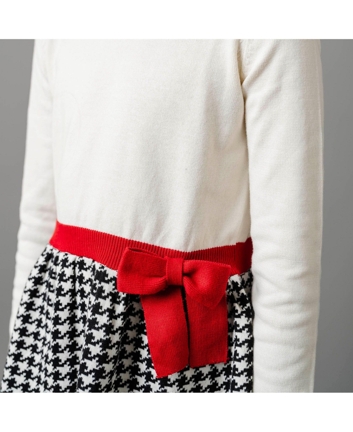 Hope & Henry Toddler Girls Organic Long Sleeve Skater Sweater Dress with Bow - Ivory and black houndstooth