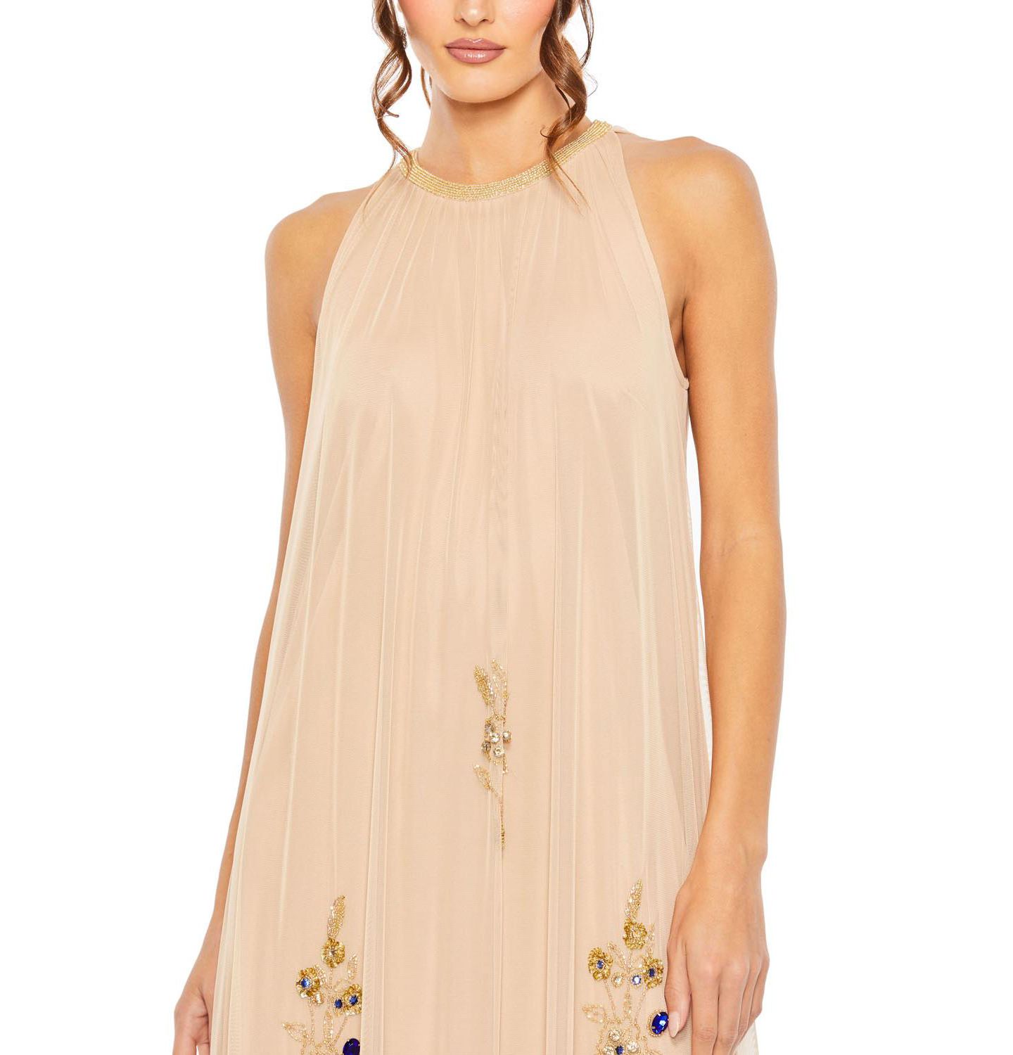 Женское платье Mac Duggal High Neck Floral Embellished Trapeze Gown, цвет: Телесный золотой — фото 4