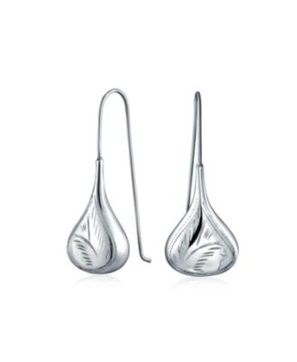 Carved Etched Puffed Pear Shaped Rain Drop Teardrop Earrings Fishhook Sterling Silver