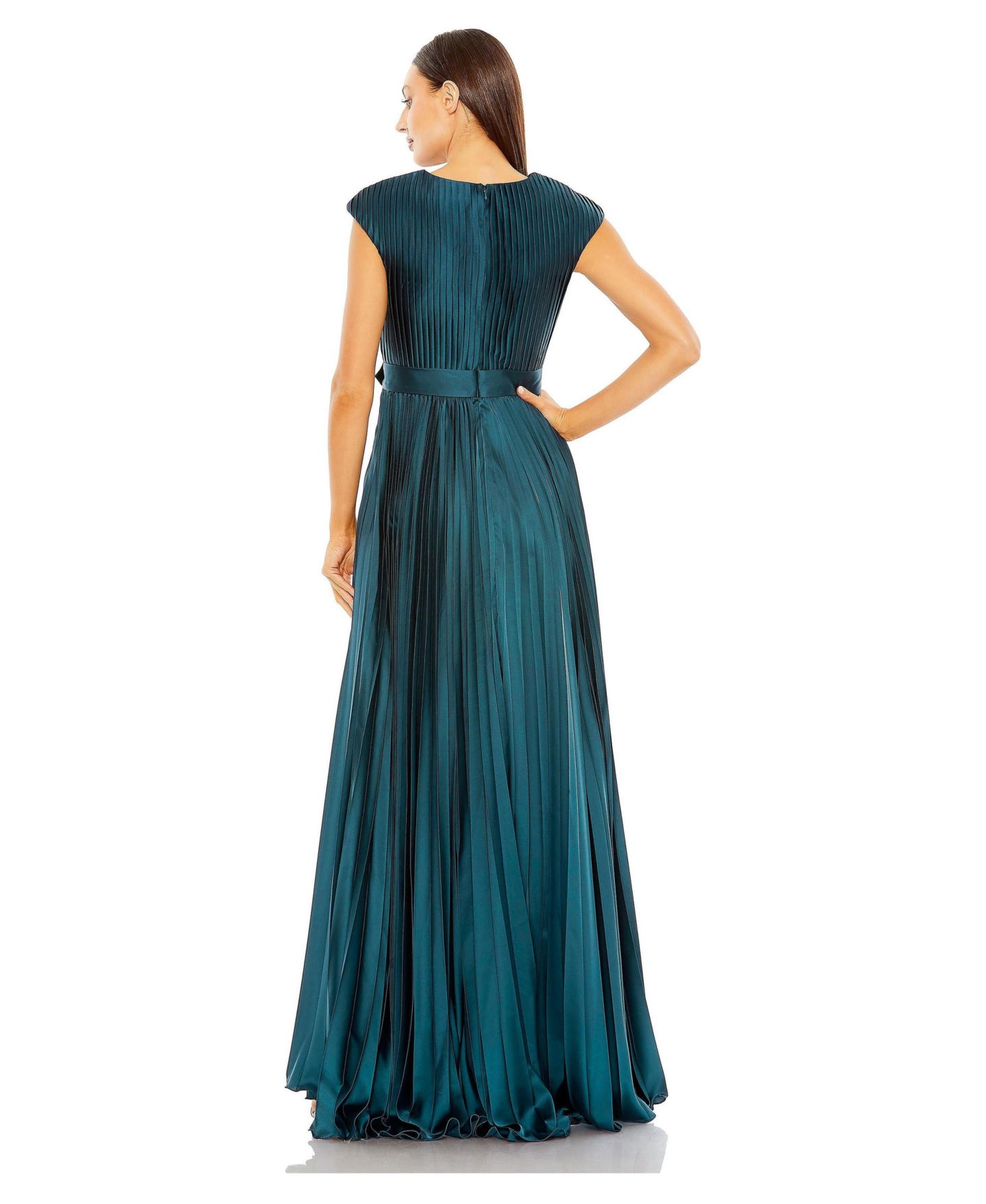 Женское платье Mac Duggal Pleated Plunge Neck Belted A Line Gown, цвет: Тёмно-синий — фото 2