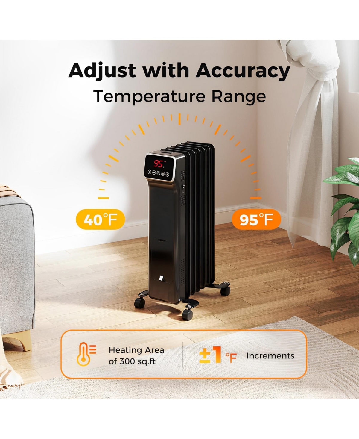 Skonyon 1500W Oil Filled Radiator Heater with Remote Control 3 Modes 24H Timer- Black