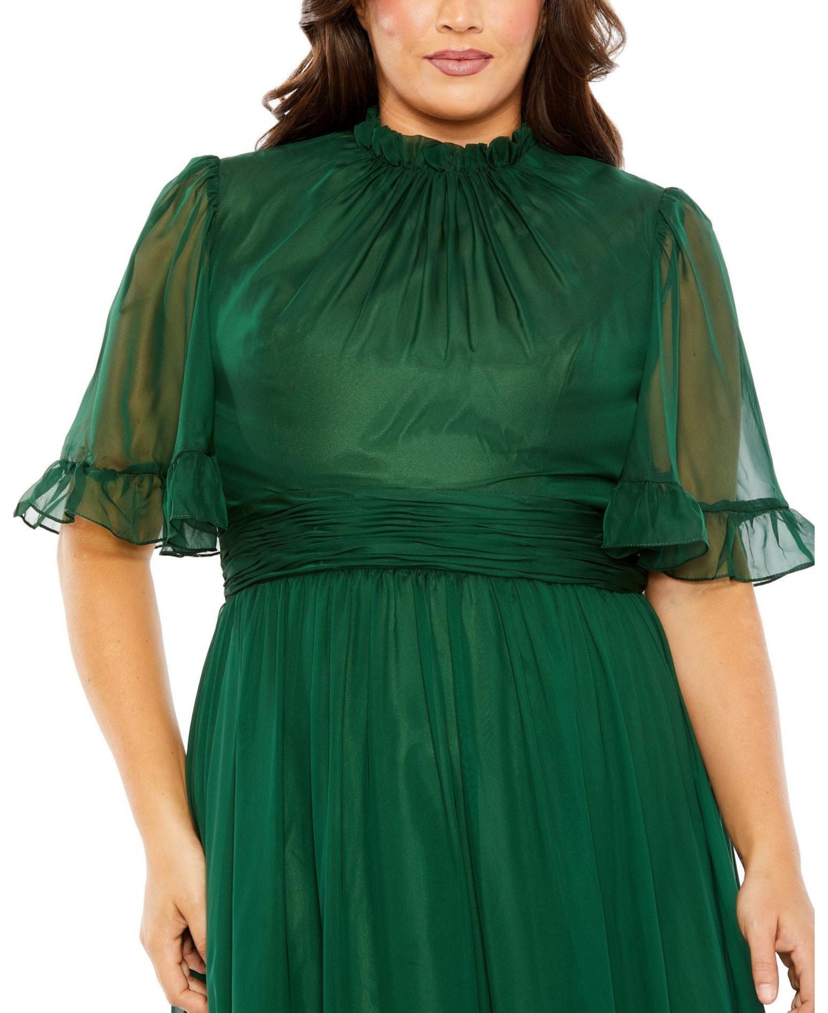 Mac Duggal Plus Size High Neck Flutter Sleeve Ruffle Tiered High Low Gown