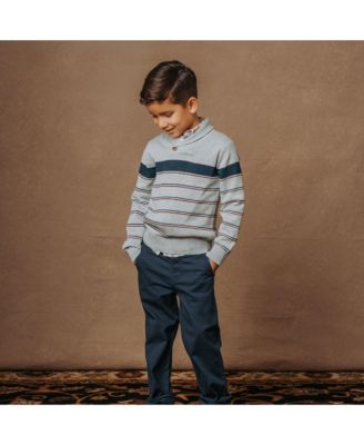 Boys Organic Long Sleeve Shawl Collar Sweater with Engineered Stripe