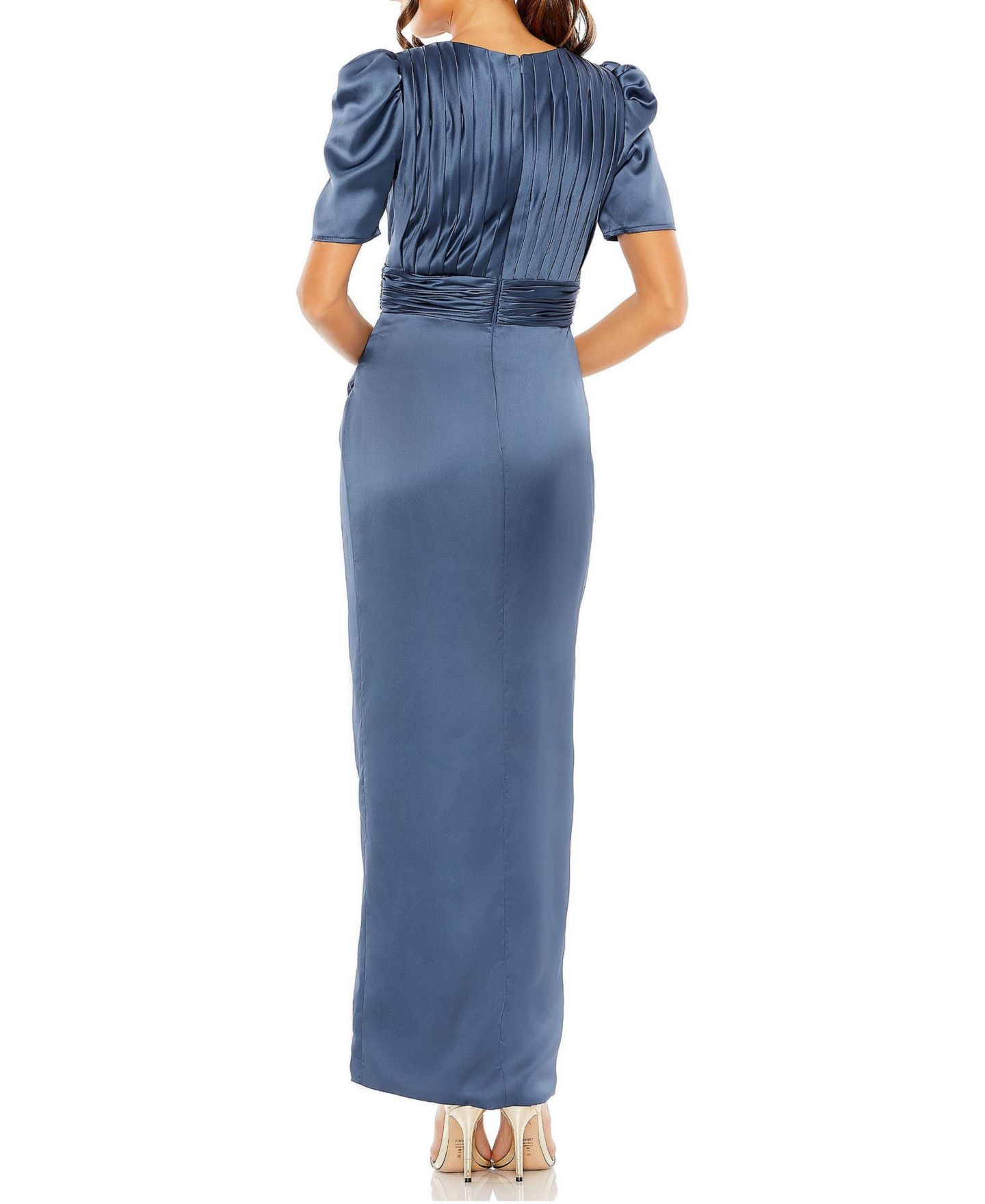Женские платья Mac Duggal Puff Sleeve Pleated Bodice Draped Gown, цвет: Тёмно-синий — фото 2