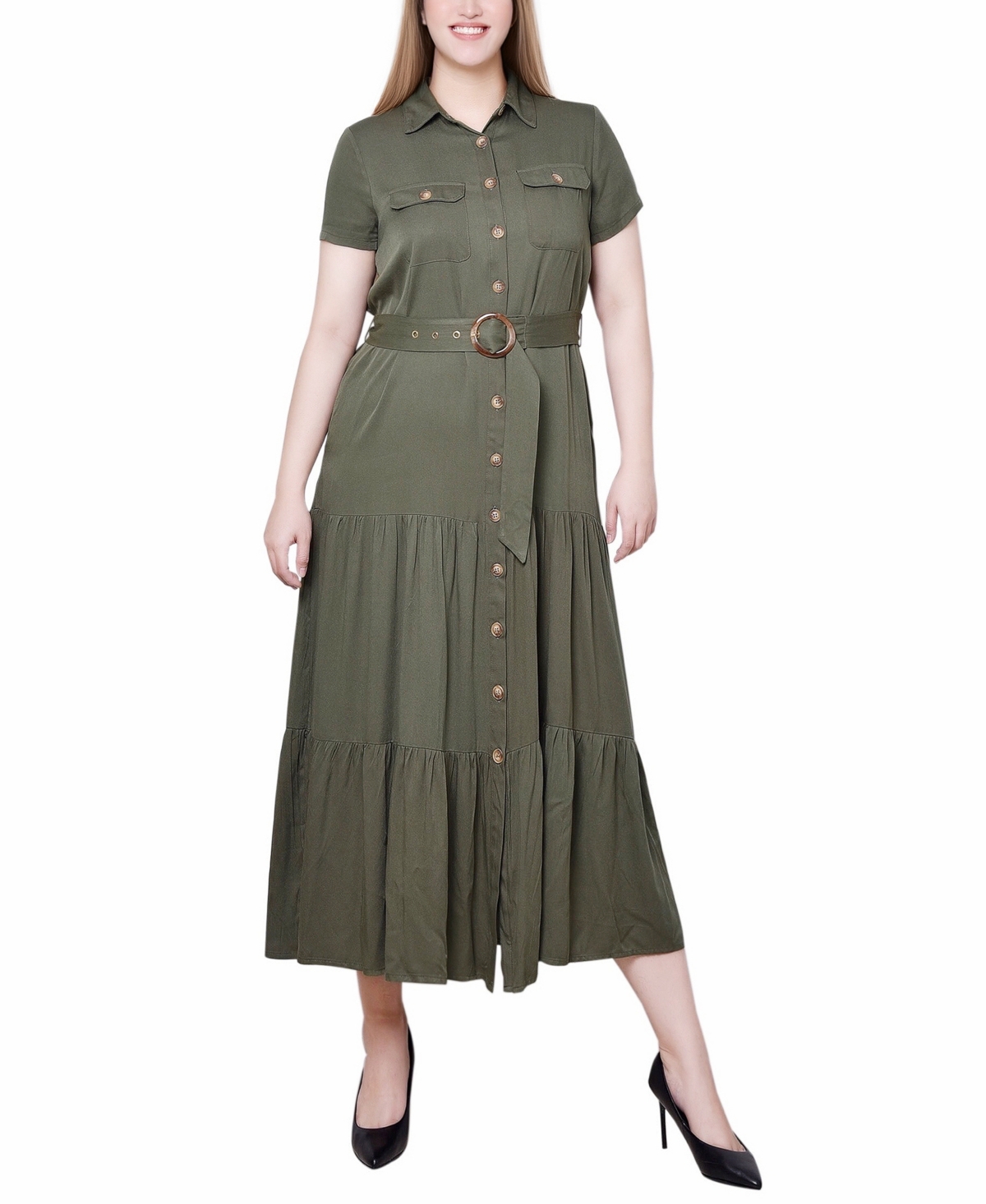 Ny Collection Petite Short Sleeve Midi Twill Dress In Dark Olive