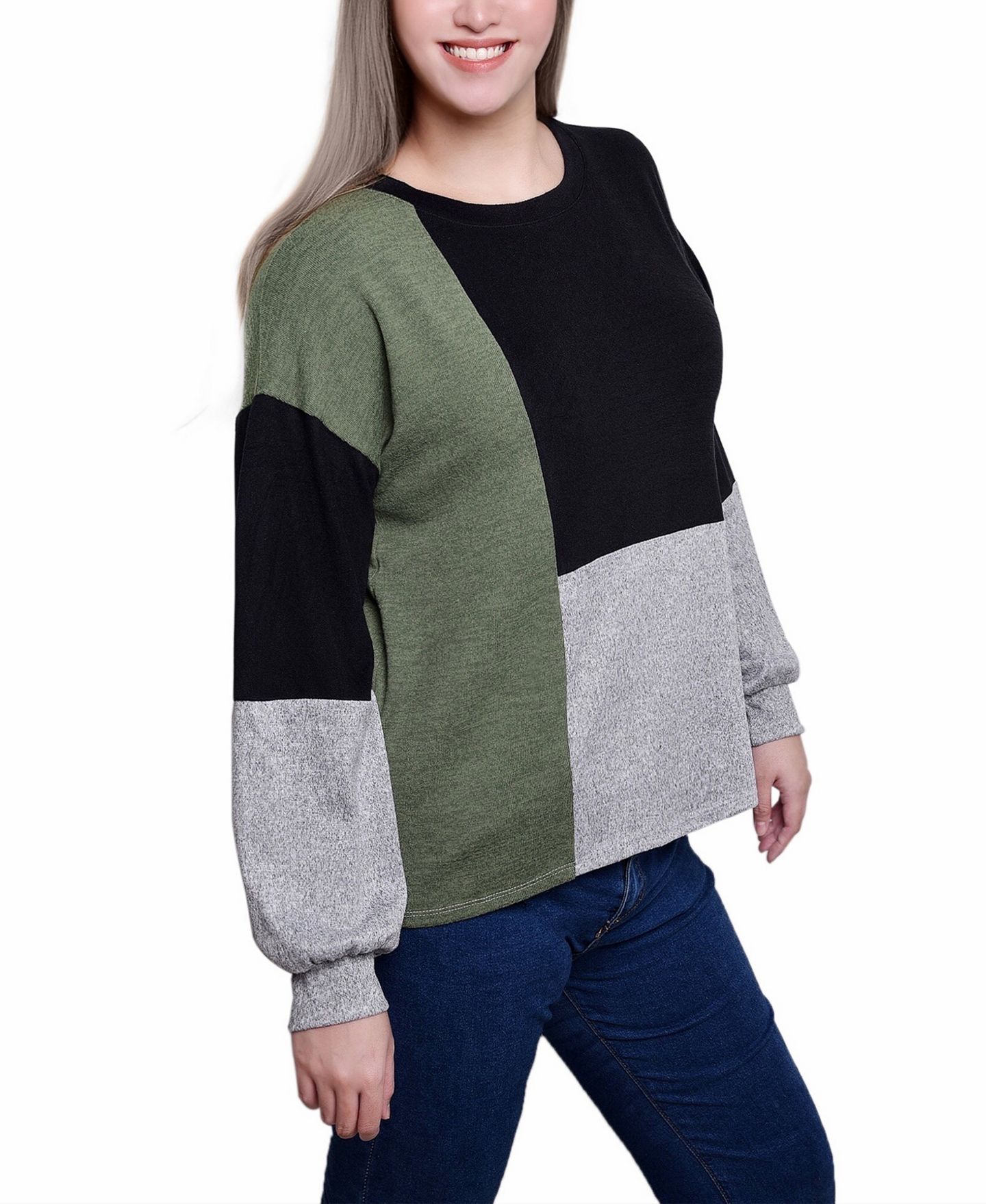 Женский топ NY Collection Petite Long Sleeve Colorblocked Boat Neck, цвет: Чёрный серый зелёный — фото 3