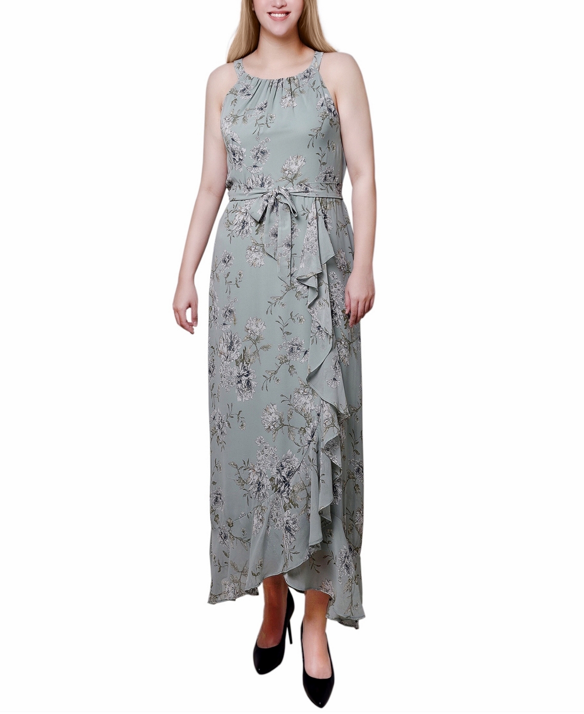 Ny Collection Petite Halter Front Chiffon Maxi Dress In Sage Ivory Floral