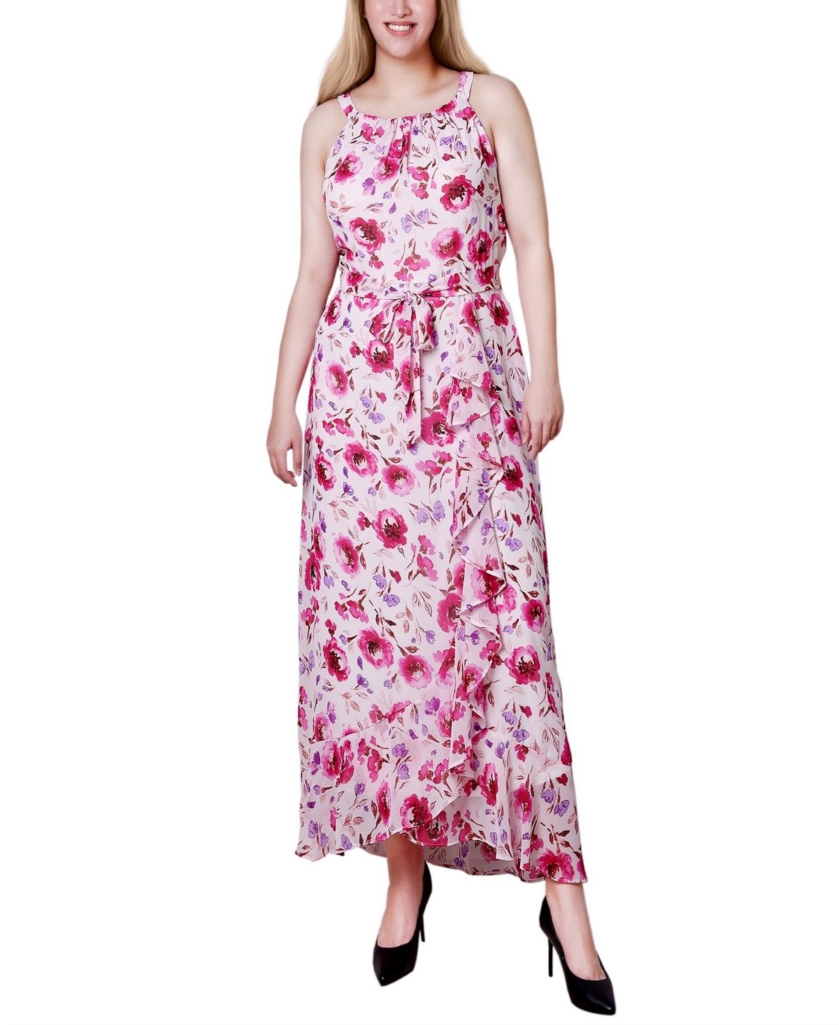 Ny Collection Petite Halter Front Chiffon Maxi Dress In Dusty Pink