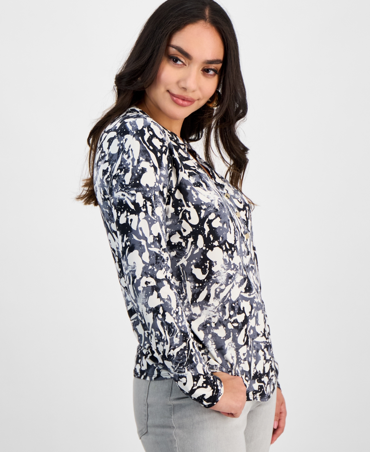 Inc International Concepts Petite Printed Long-sleeve Top, Exclusively At Macy's In Trina Text