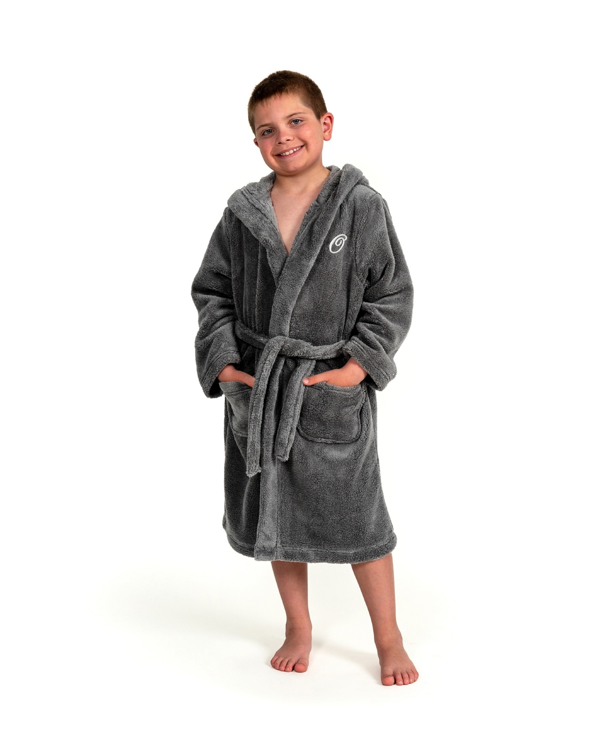Linum Home Personalized Kids Super Plush Hooded Bathrobe In O Grey,white