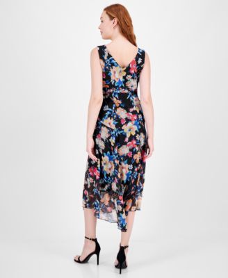 knee length dresses for ladies Champagne Chiffon Floral Print Vintage Smocked Midi Dress Small