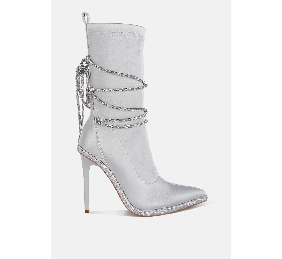 Dacia Rhinestones Strap Satin Calf Boots - Silver
