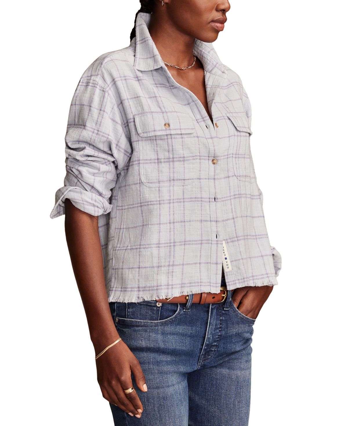 Shop Lucky Brand Women's Cotton Raw-edge Cropped Plaid Shirt In Blue Plaid