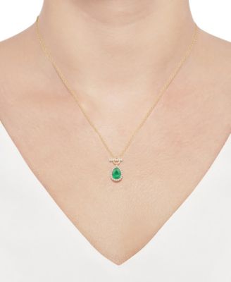 Emerald (1 ct. t.w.) & Diamond (1/4 ct. t.w.) Pear Halo Toggle 18" Pendant Necklace in 14k Gold (Also available in Ruby & Sapphire