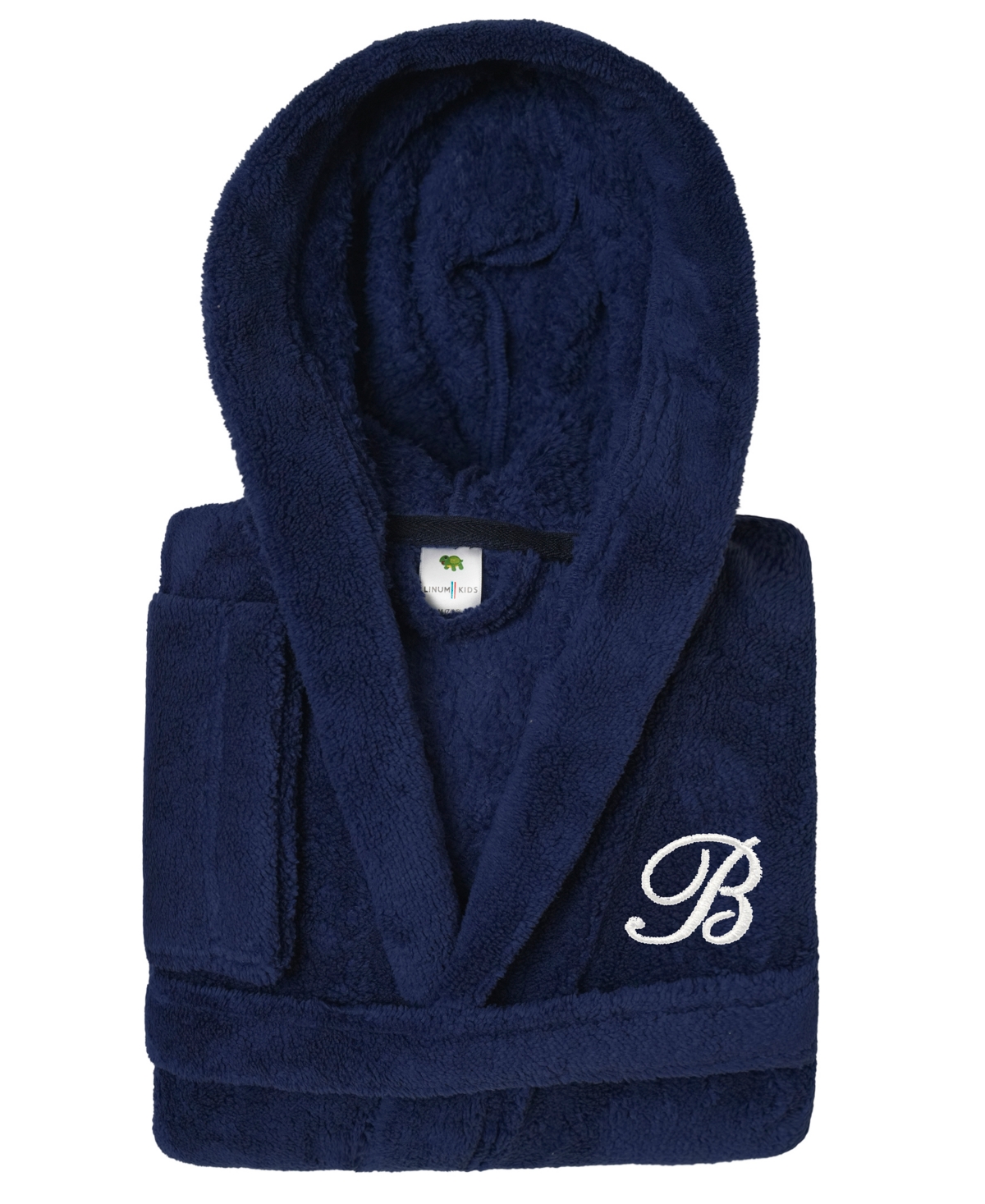 Linum Home Personalized Kids Super Plush Hooded Bathrobe In B Navy,white