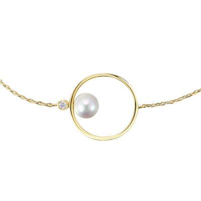 14k Gold Plated with White Genuine Freshwater Pearl Solitaire Asymmetrical Wire Halo Delicate Bracelet