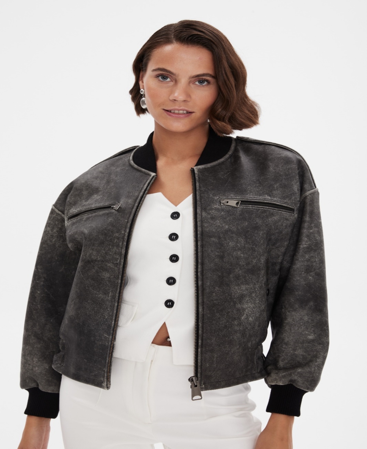 Furniq Uk Women's Leather Bomber Jacket,- Black