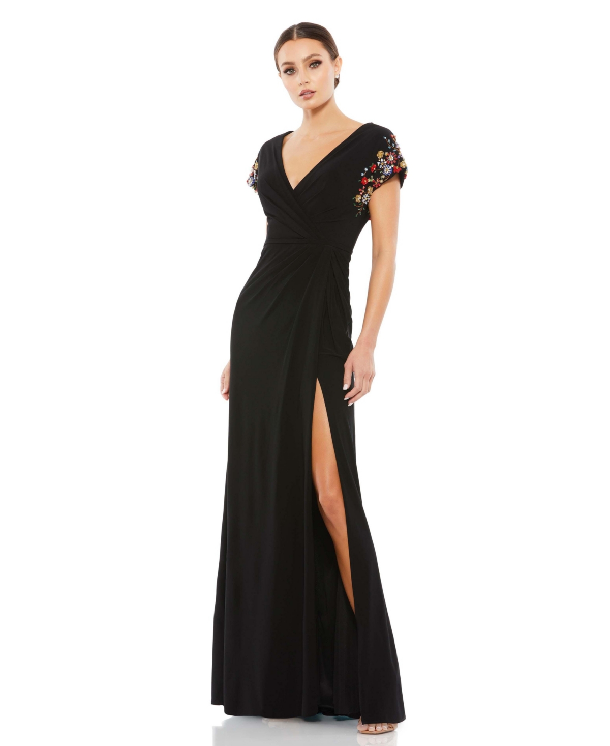 Women's Embellished Sleeve Jersey Wrap Gown - Black multi
