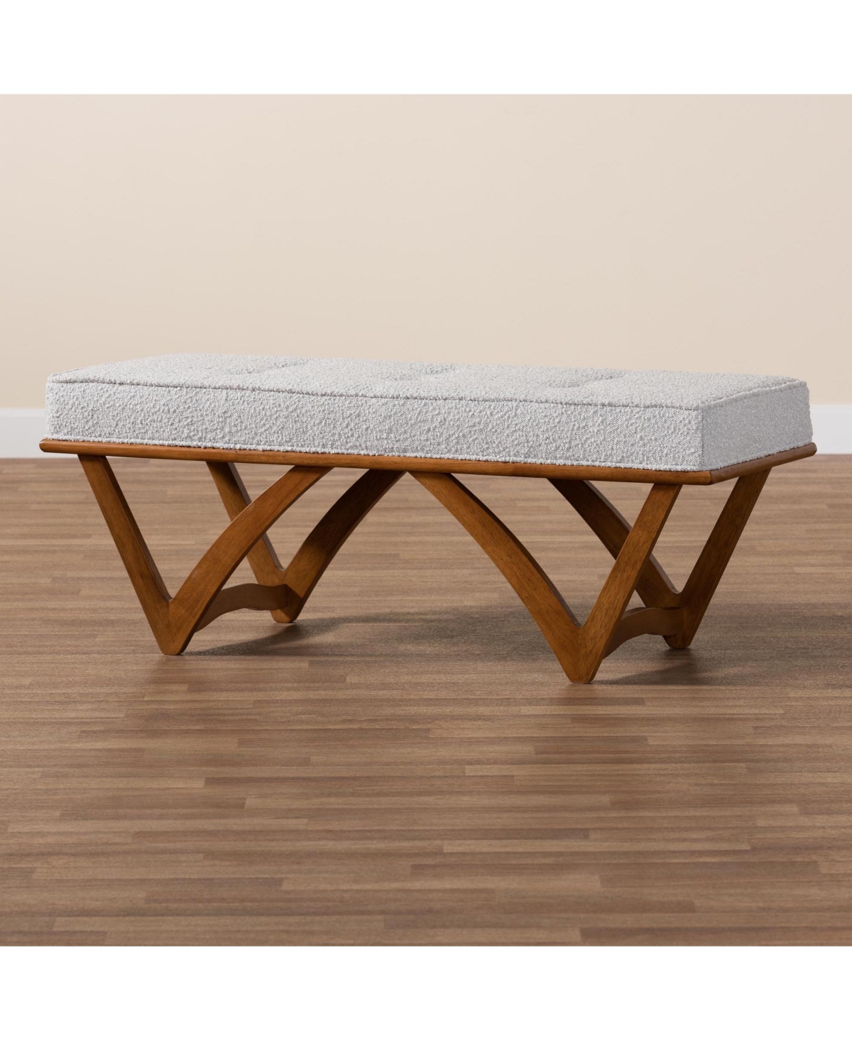Baxton Studio Chenoa JapandiBoucle Fabric and Walnut Brown Finished Wood Bench - Light grey/walnut brown