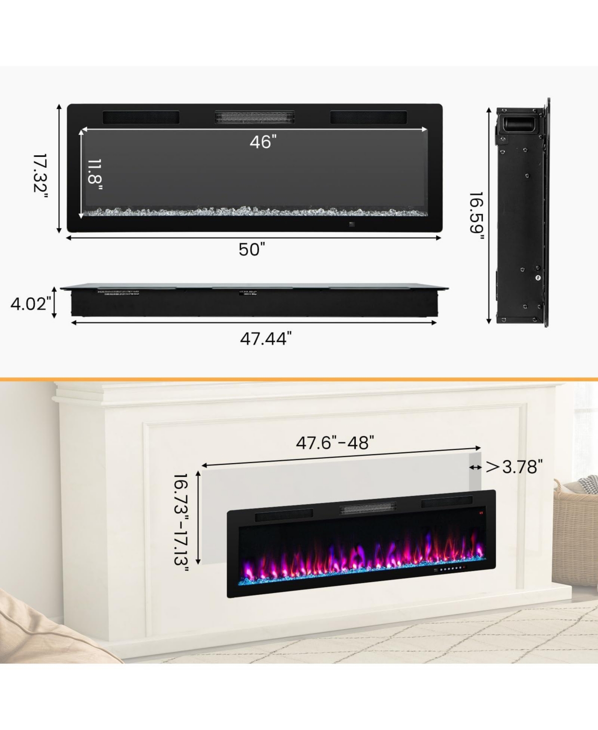 Sugift Electric Fireplace Inches Recessed and Wall Mounted