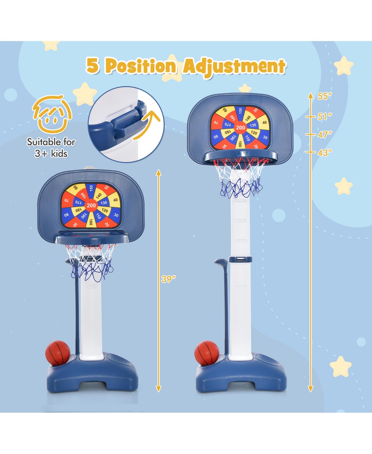 Gymax 4-In-1 Kids Adjustable Basketball Hoop Goal Toy W/Ring Toss Sticky Ball Golf Set - White+blue