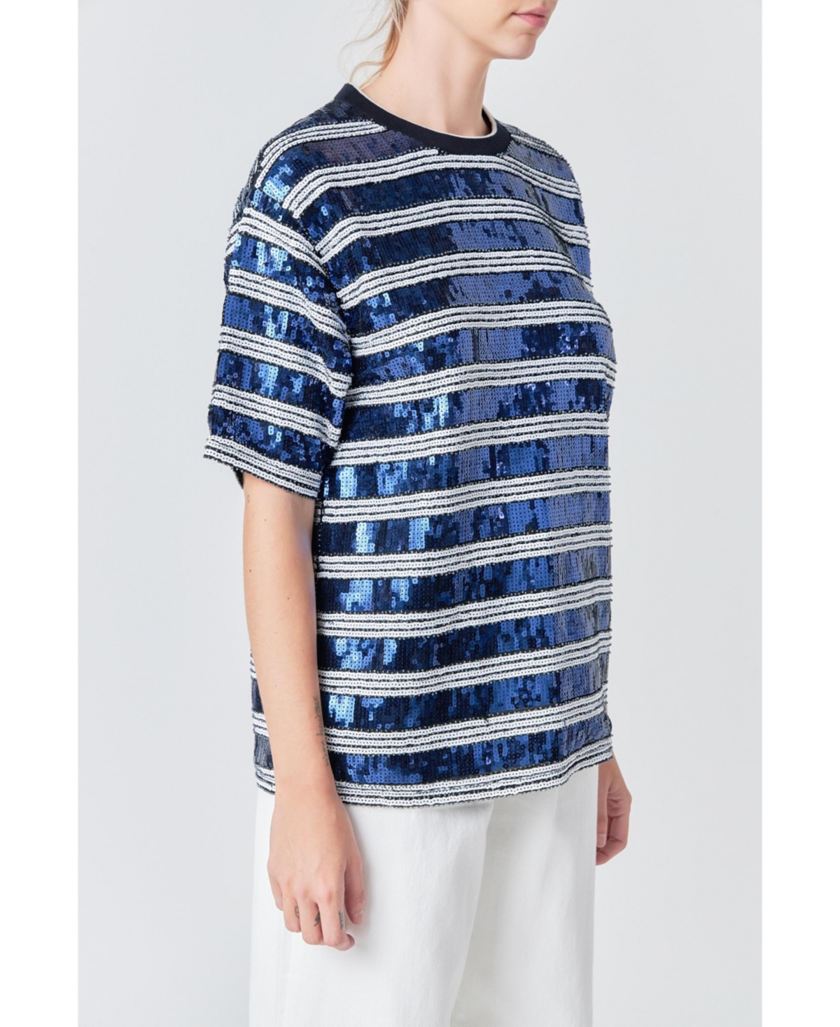 Women's Sequin Stripe Top - White/navy
