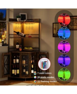 Tall Corner Bar Cabinet with Power Outlet and LED, Wine Cabiner for Liquor, Industrial Corner Cabinet with Wine Storage, 5-Tiers Liquor Cabinet Bar with Glass Holder for Home, Living Room, Kitchen