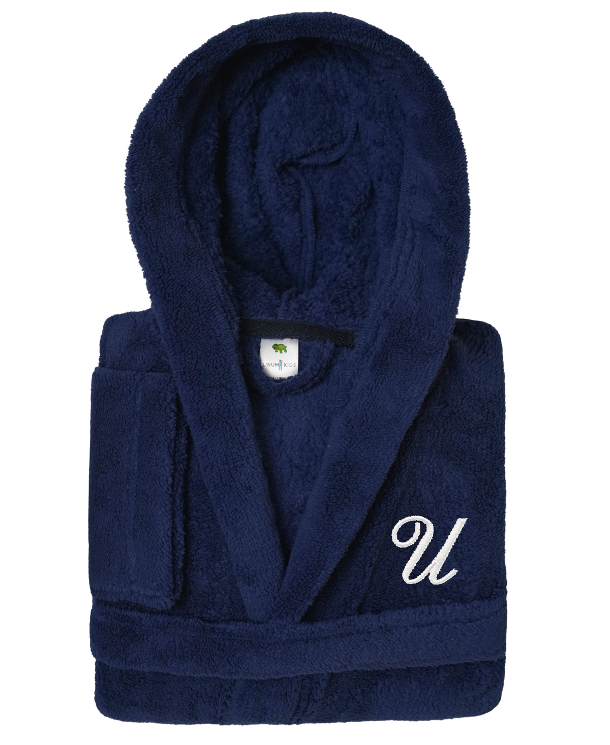 Linum Home Personalized Kids Super Plush Hooded Bathrobe - U Navy/White
