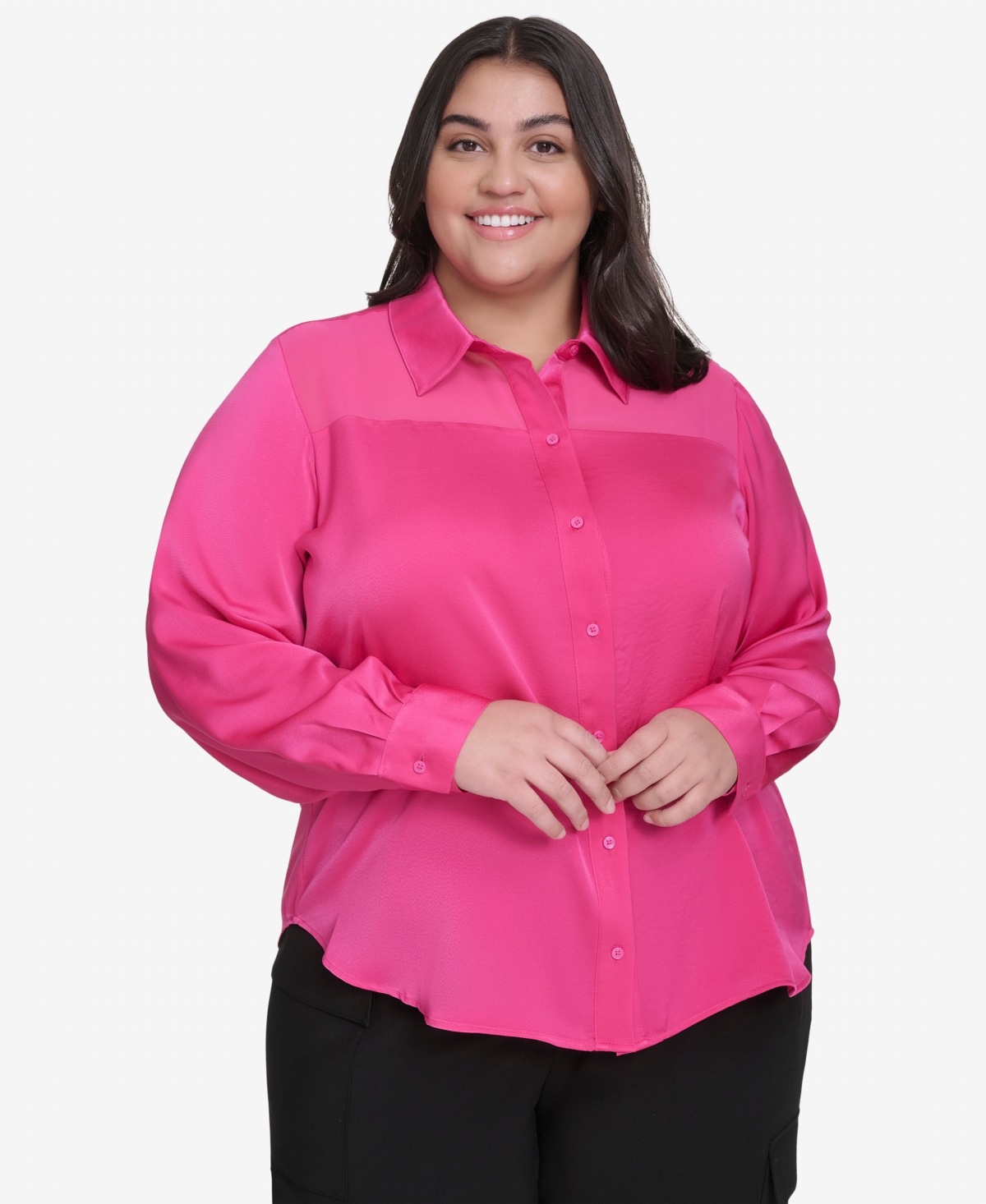 Dkny Plus Size Mixed Media Button Front Blouse