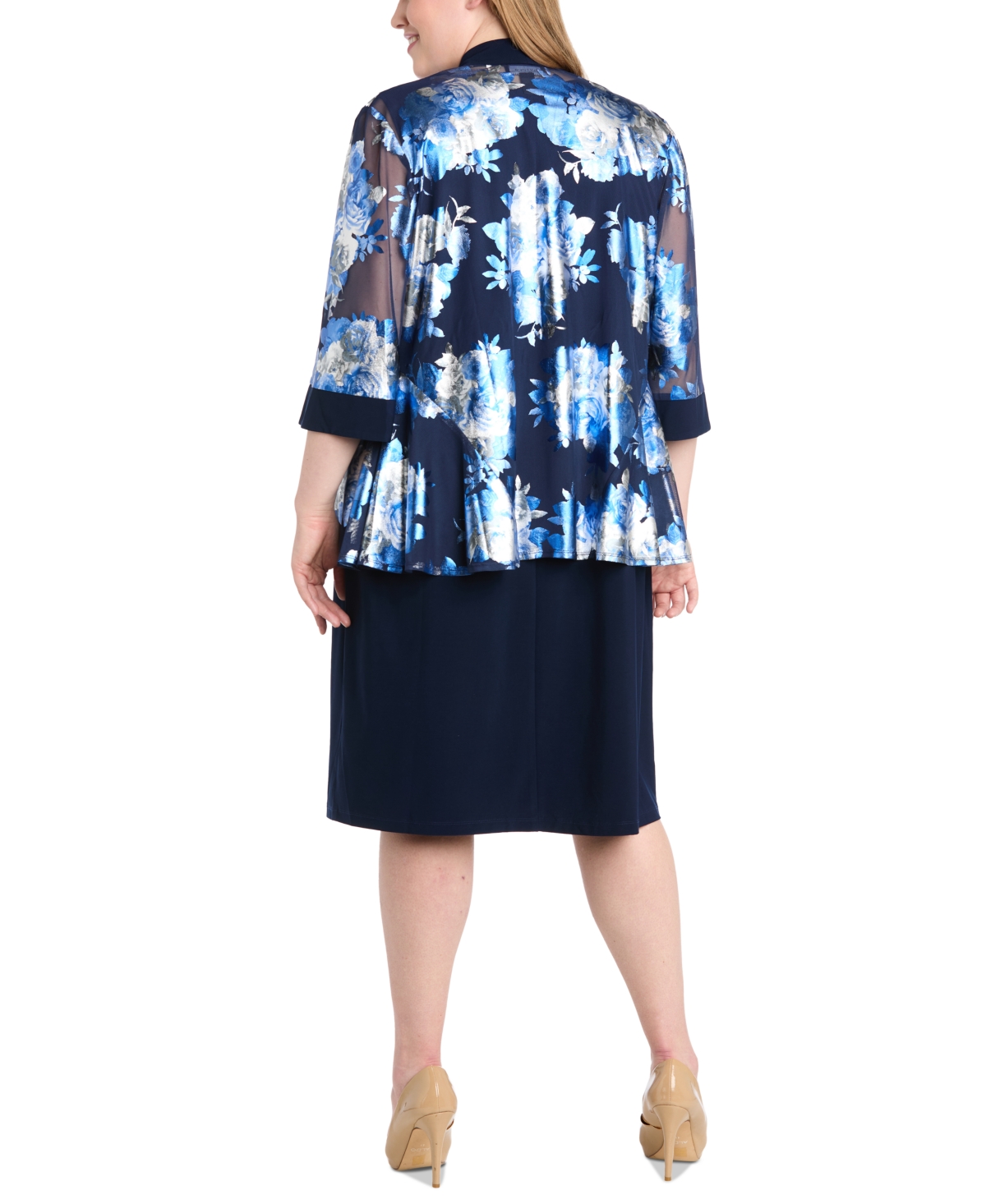 R & M Richards Plus Size Floral Foil Jacket Necklace Dress