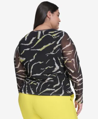 Plus Size Printed Mesh Long-Sleeve Top