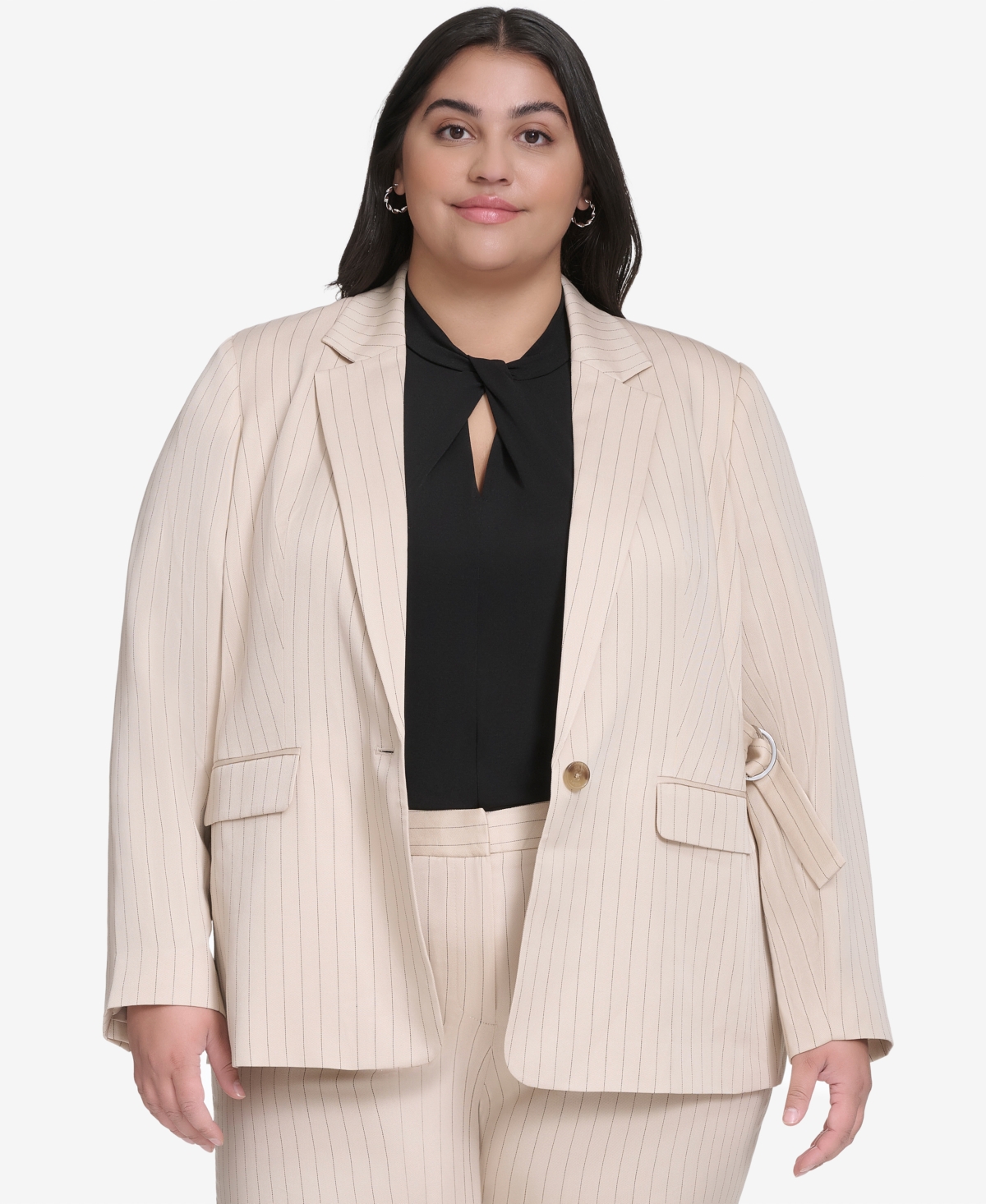Dkny Plus Size Pinstriped One-button Blazer In Chino Khaki,black