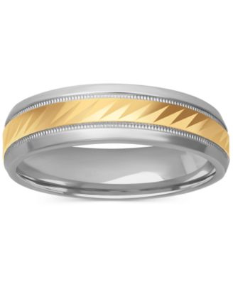 Men's Diagonally-Engraved Milgrain Detail Wedding Band in Sterling Silver & 18k Gold-Plated Sterling Silver