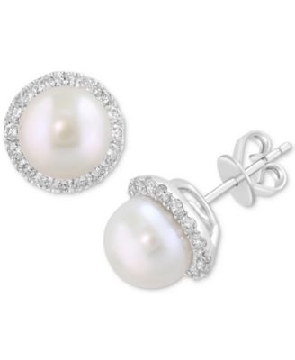 EFFY Collection - Cultured Freshwater Pearl (8mm) & Diamond (1/2 ct. t.w.) Halo Stud Earrings in 14k White Gold