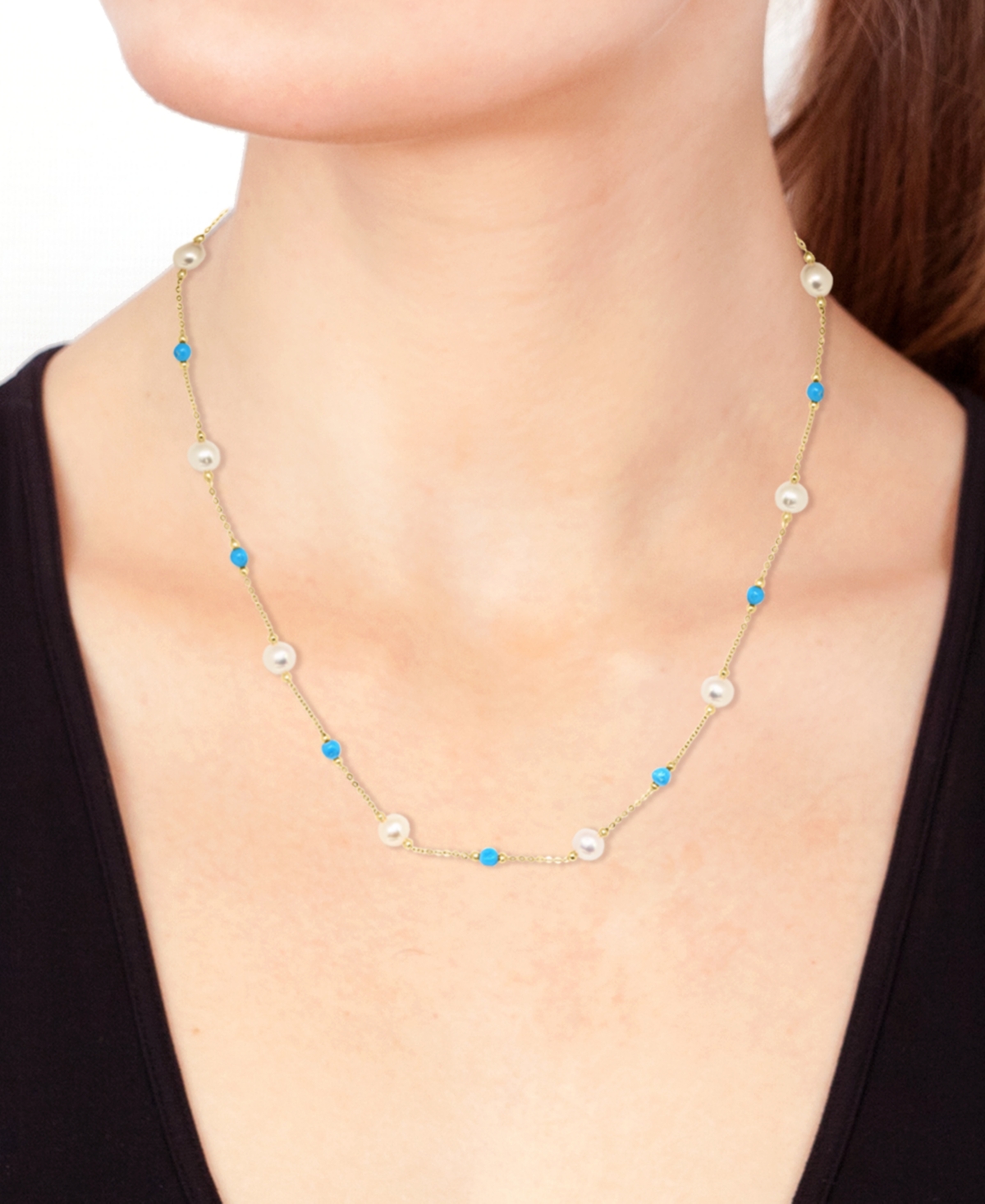 Effy Collection Effy Cultured Freshwater Pearl (6mm) & Turquoise 18" Collar Necklace In 14k Gold In Gold